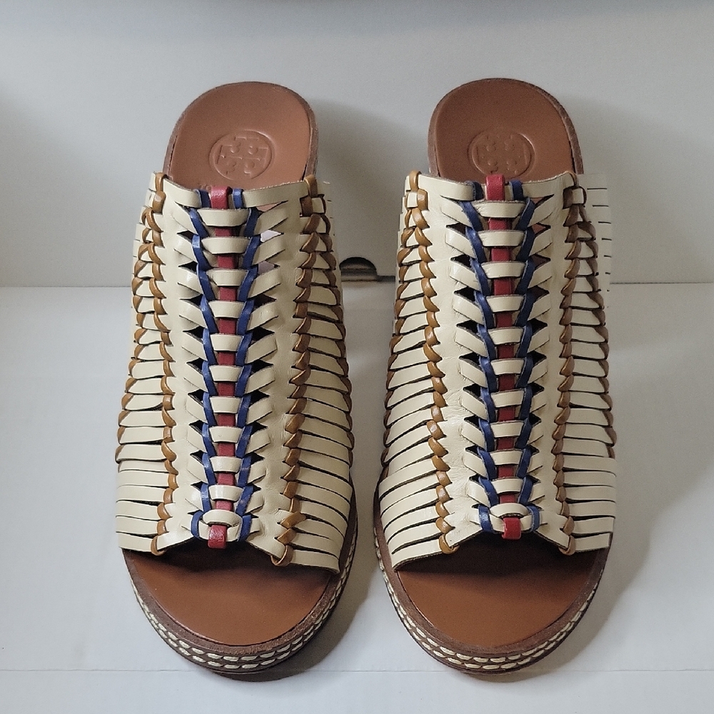 Tory Burch Cream and Brown Woven Mules